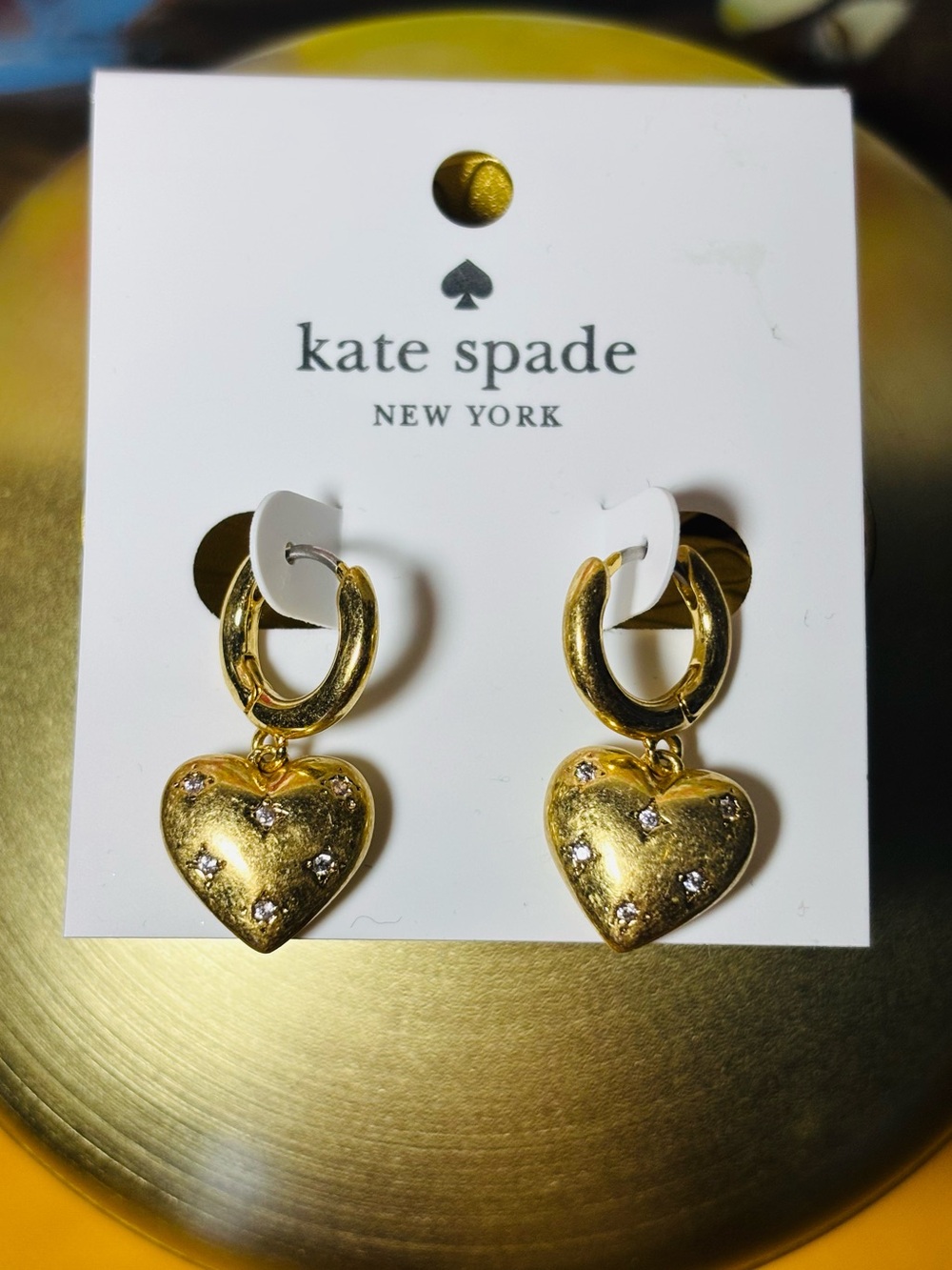 kate spade Gold Vintage Style Heart Hoop Earrings with Crystal Accents. NWT.